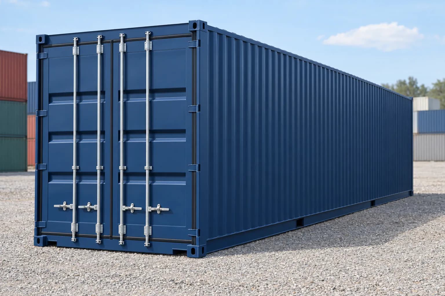 Container 40 pés High Cube primeira viagem, vista de três quartos