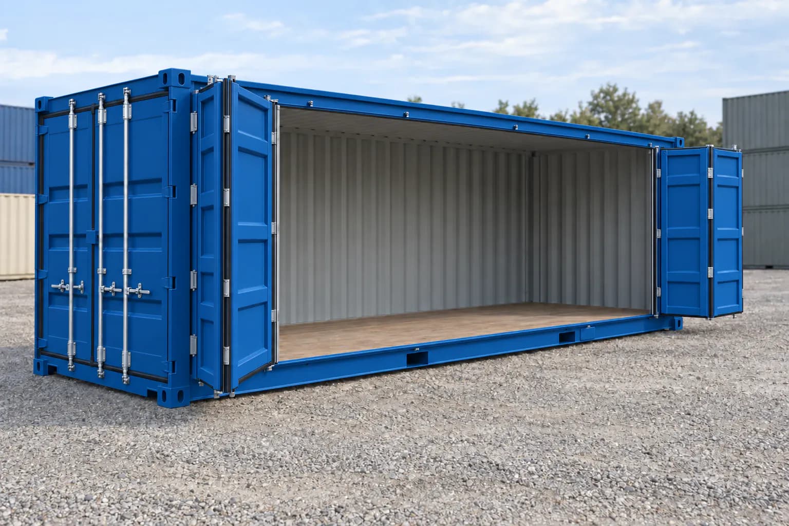 Container 20 pés Open Side de primeira viagem azul genciana RAL 5010