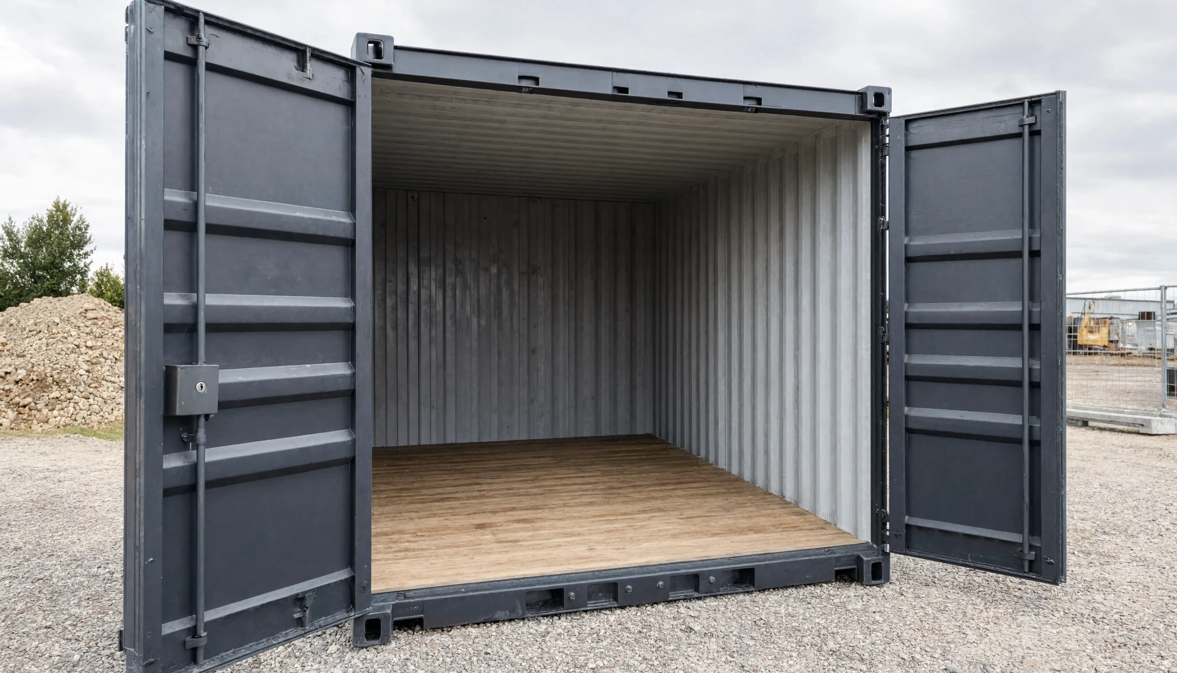 Ilustração de um container de portas abertas, com o pavimento e as paredes visíveis