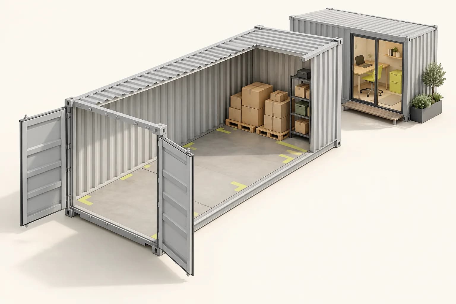 Ilustração em corte de um container de armazenamento com paletes e caixas de cartão, junto a um módulo adaptado