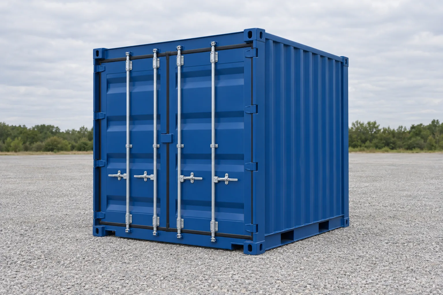 Ilustração de um container marítimo de 10 pés azul visto de três quartos, curto e quase tão alto como comprido, portas fechadas. Dimensões indicadas: altura 2,59 m, largura 2,44 m, comprimento 2,99 m