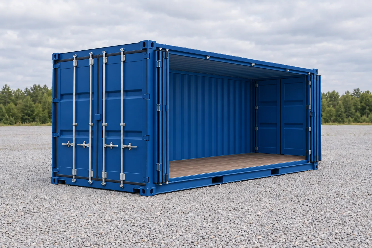 Ilustração de um container de 20 pés Open Side azul visto de três quartos, lateral grande aberta, interior vazio e chão de madeira. Dimensões indicadas: altura 2,59 m, abertura lateral ≈ 5,90 m