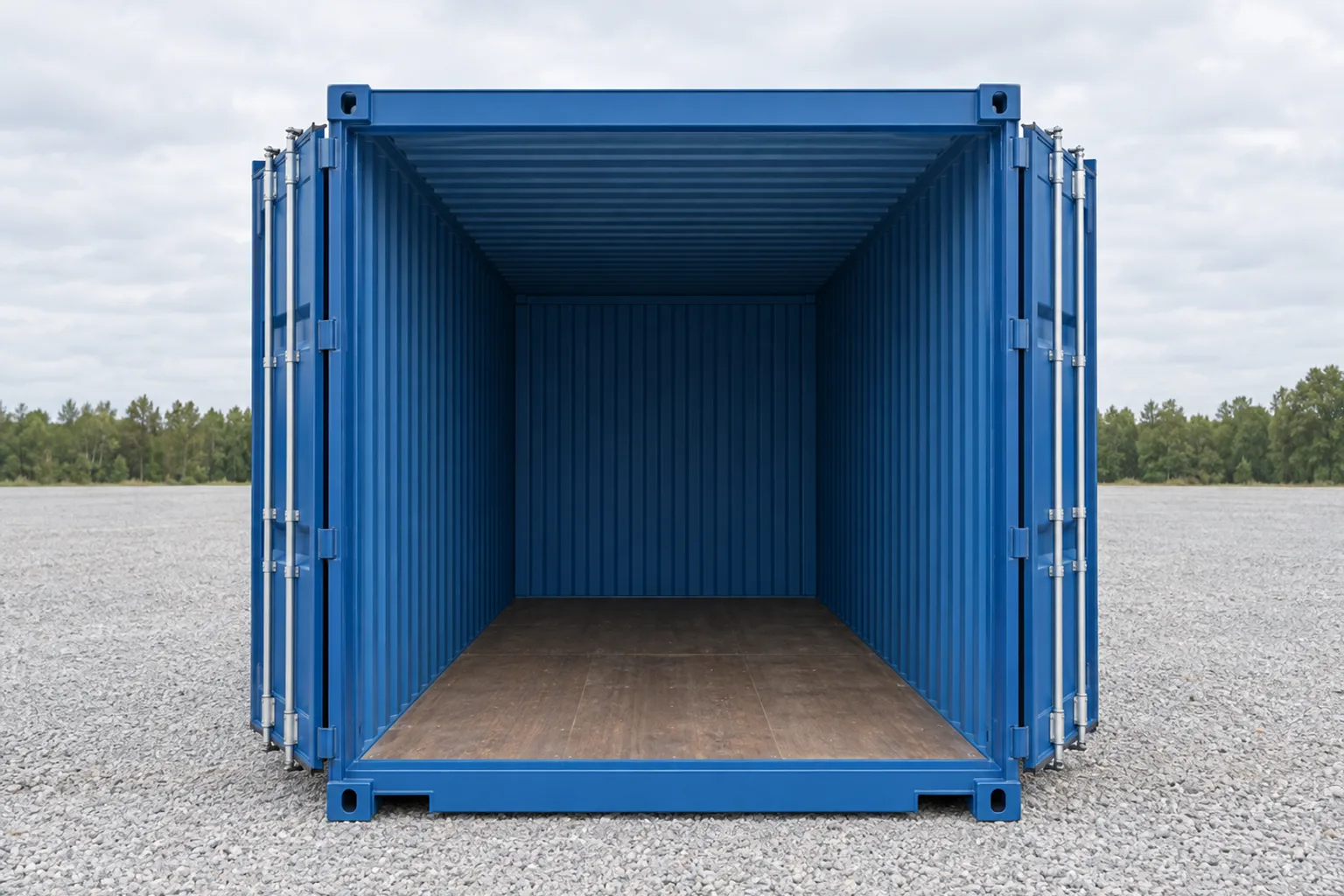 Ilustração de um container de 20 pés standard azul visto de frente, com as duas portas abertas para um interior vazio com chão de madeira. Dimensões indicadas: Largura de abertura da porta 2,34 m, Altura de abertura da porta 2,29 m