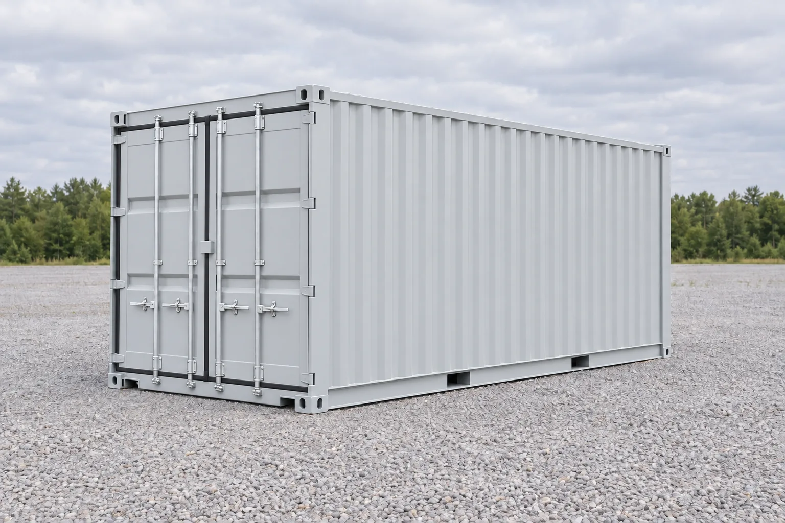 Ilustração de um container marítimo de 20 pés de primeira viagem cinzento-claro com pintura nova, visto de três quartos, portas fechadas. Dimensões indicadas: altura 2,59 m, largura 2,44 m, comprimento 6,06 m