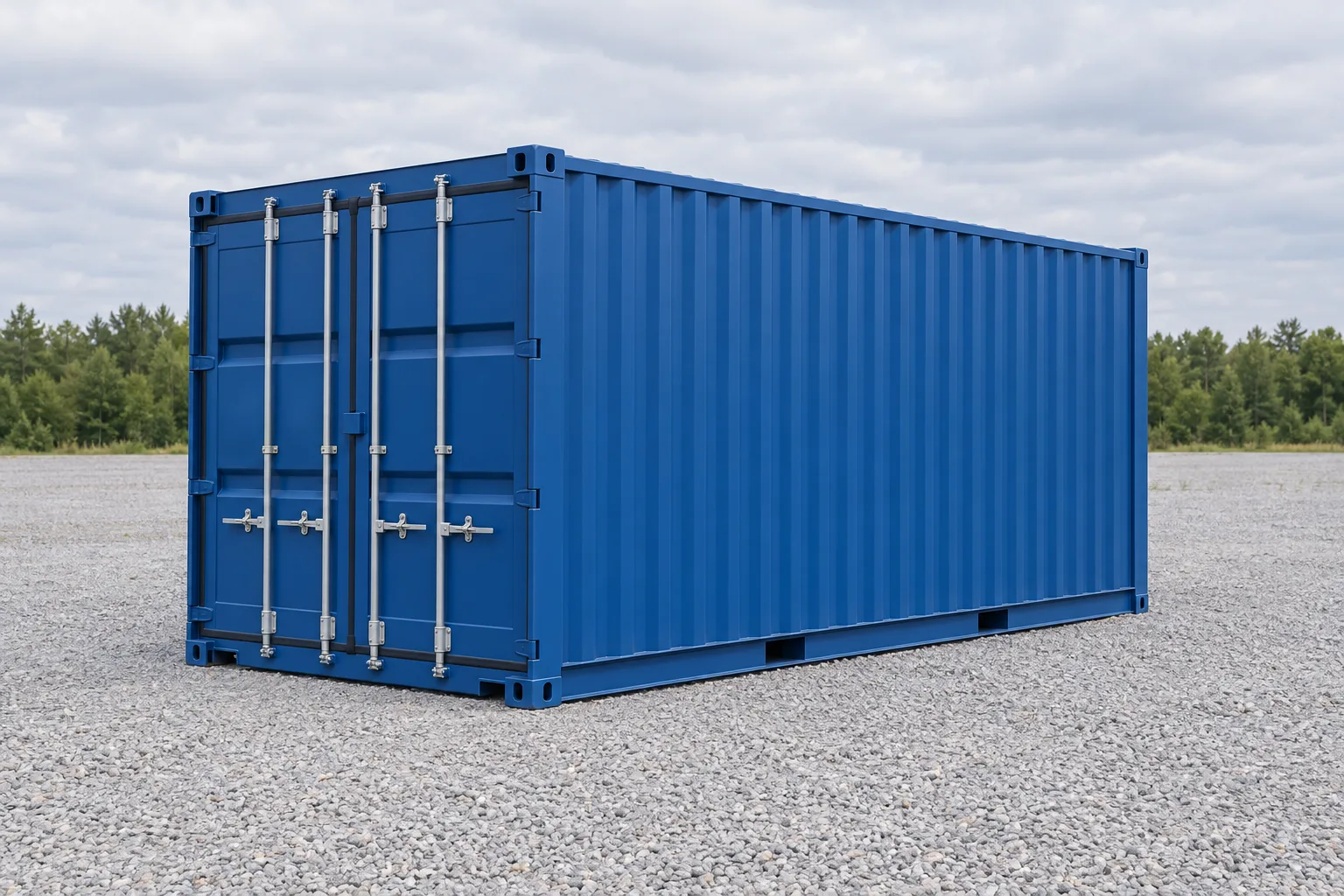 Ilustração de um container marítimo de 20 pés standard azul visto de três quartos, portas fechadas, assente num pátio de gravilha. Dimensões indicadas: altura 2,59 m, largura 2,44 m, comprimento 6,06 m