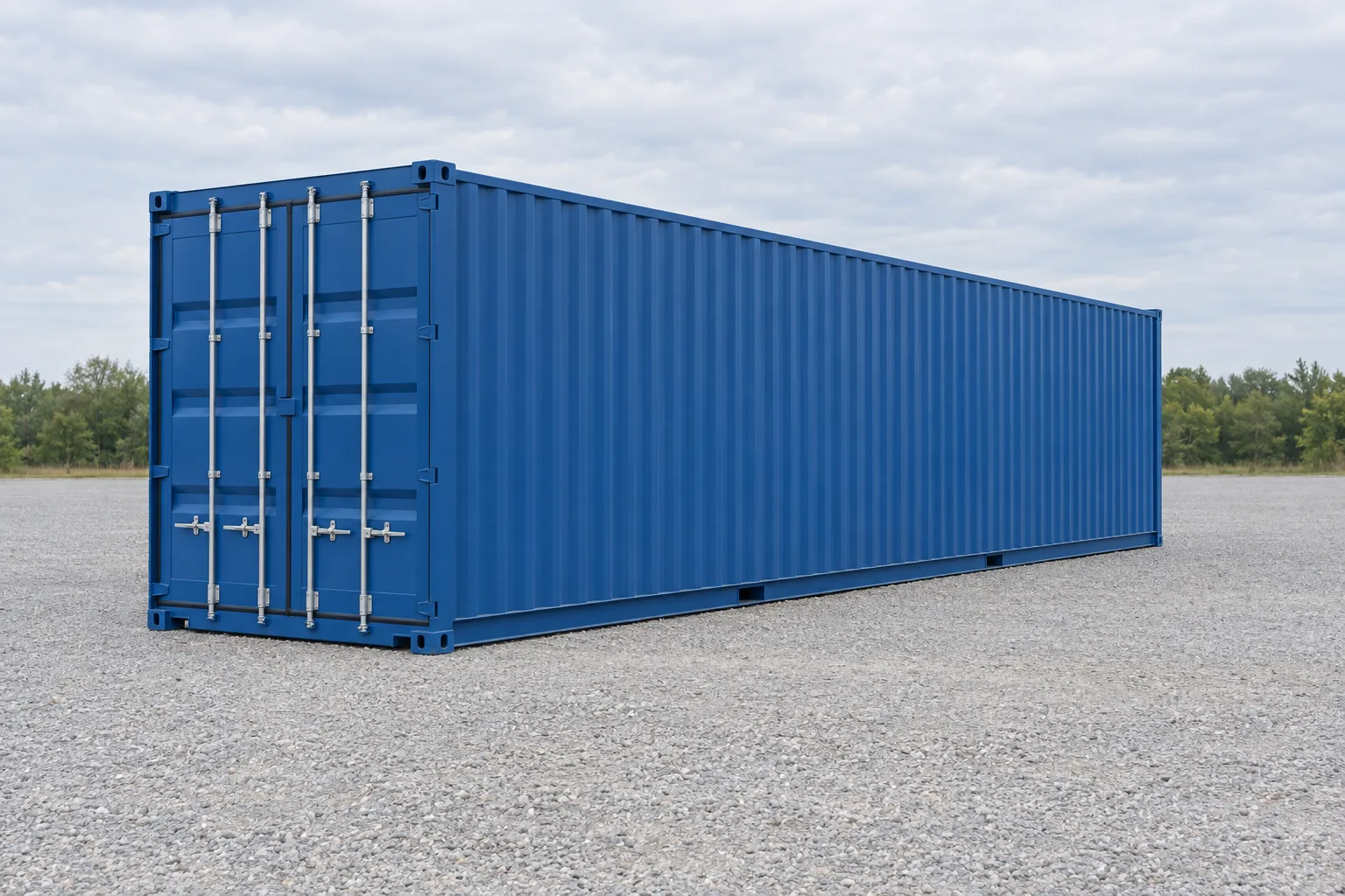 Ilustração de um container marítimo de 40 pés High Cube azul, mais alto do que um standard, visto de três quartos, portas fechadas. Dimensões indicadas: altura 2,90 m, comprimento 12,19 m