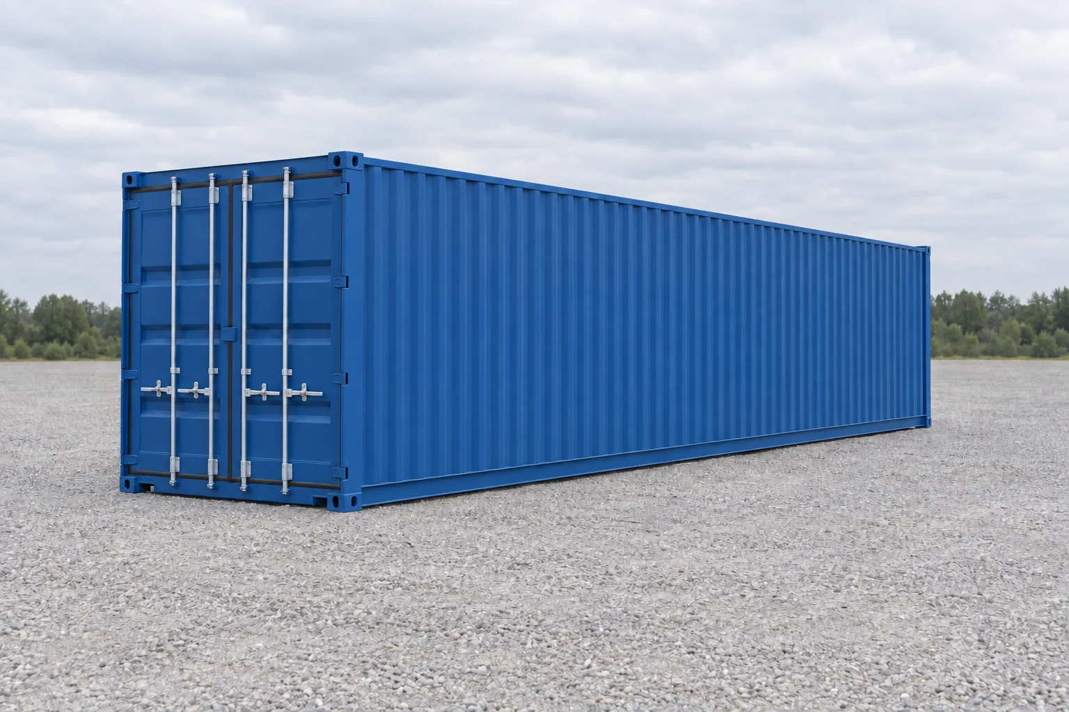 Ilustração de um container marítimo de 40 pés standard azul visto de três quartos, portas fechadas e lateral comprida em chapa ondulada. Dimensões indicadas: altura 2,59 m, largura 2,44 m, comprimento 12,19 m