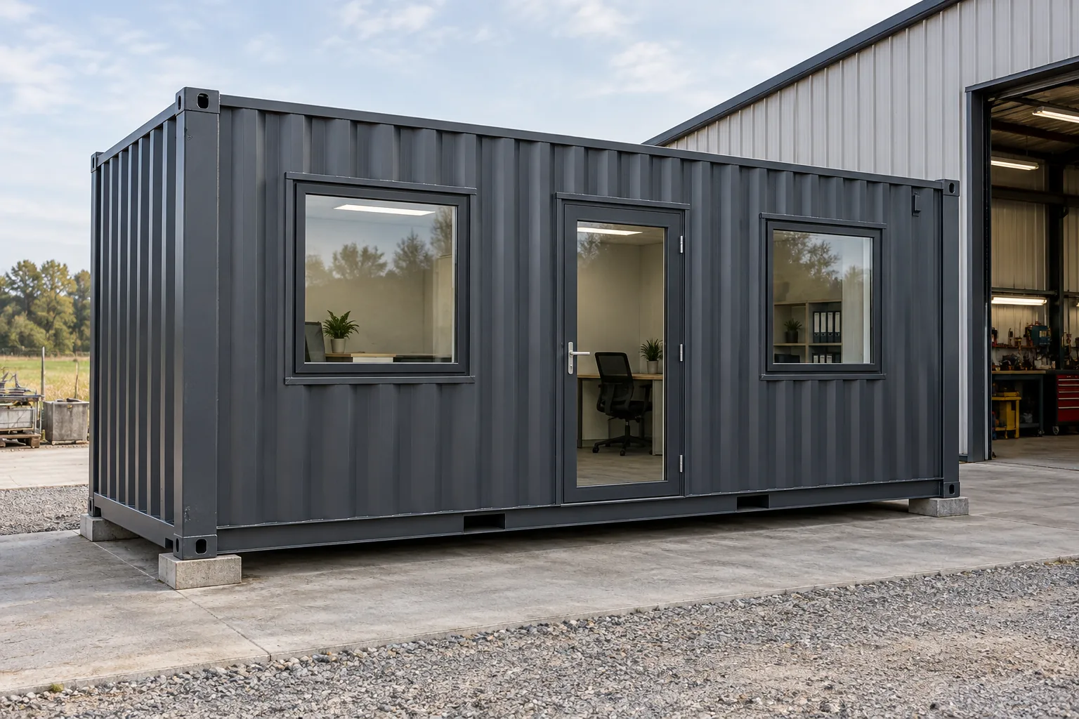 Container cinzento adaptado a escritório, com porta envidraçada e duas janelas