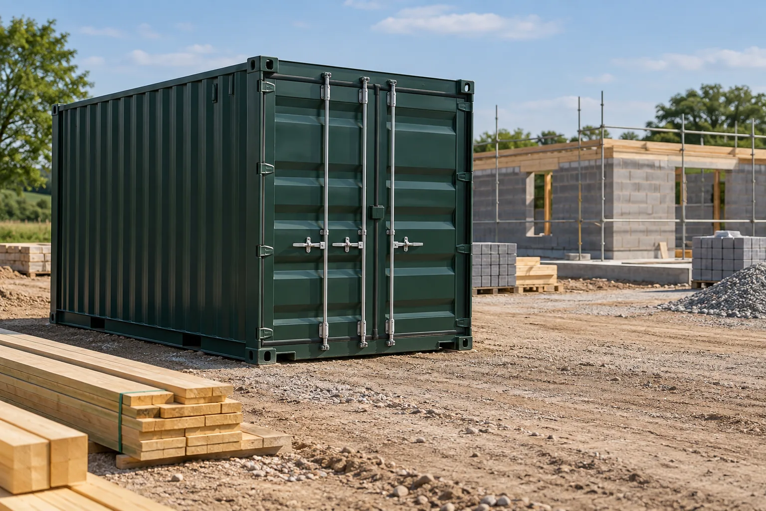 Container de armazenamento instalado num canteiro de obras.