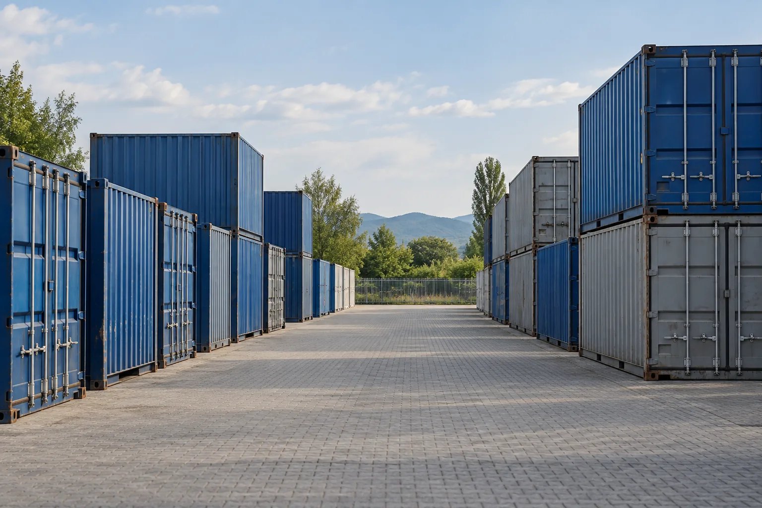 Containers marítimos num pátio de containers, numa área aberta