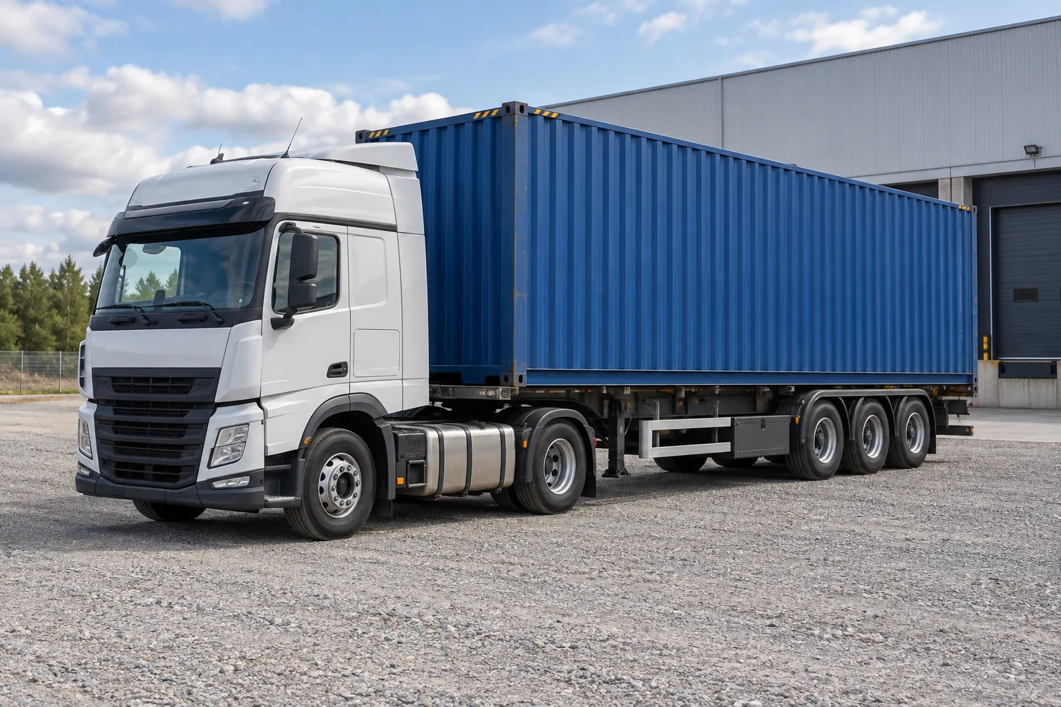 Camião a transportar um container numa área de entrega