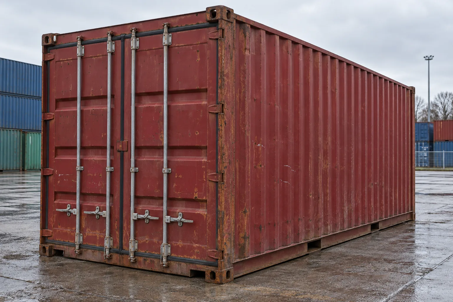 Container marítimo usado com marcas de utilização na chapa