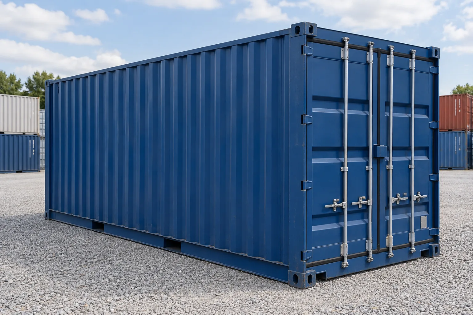 Container marítimo fechado, colocado numa área exterior