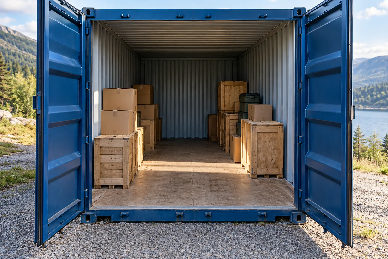 Container de armazenamento aberto com caixas de cartão e caixas de madeira no interior.