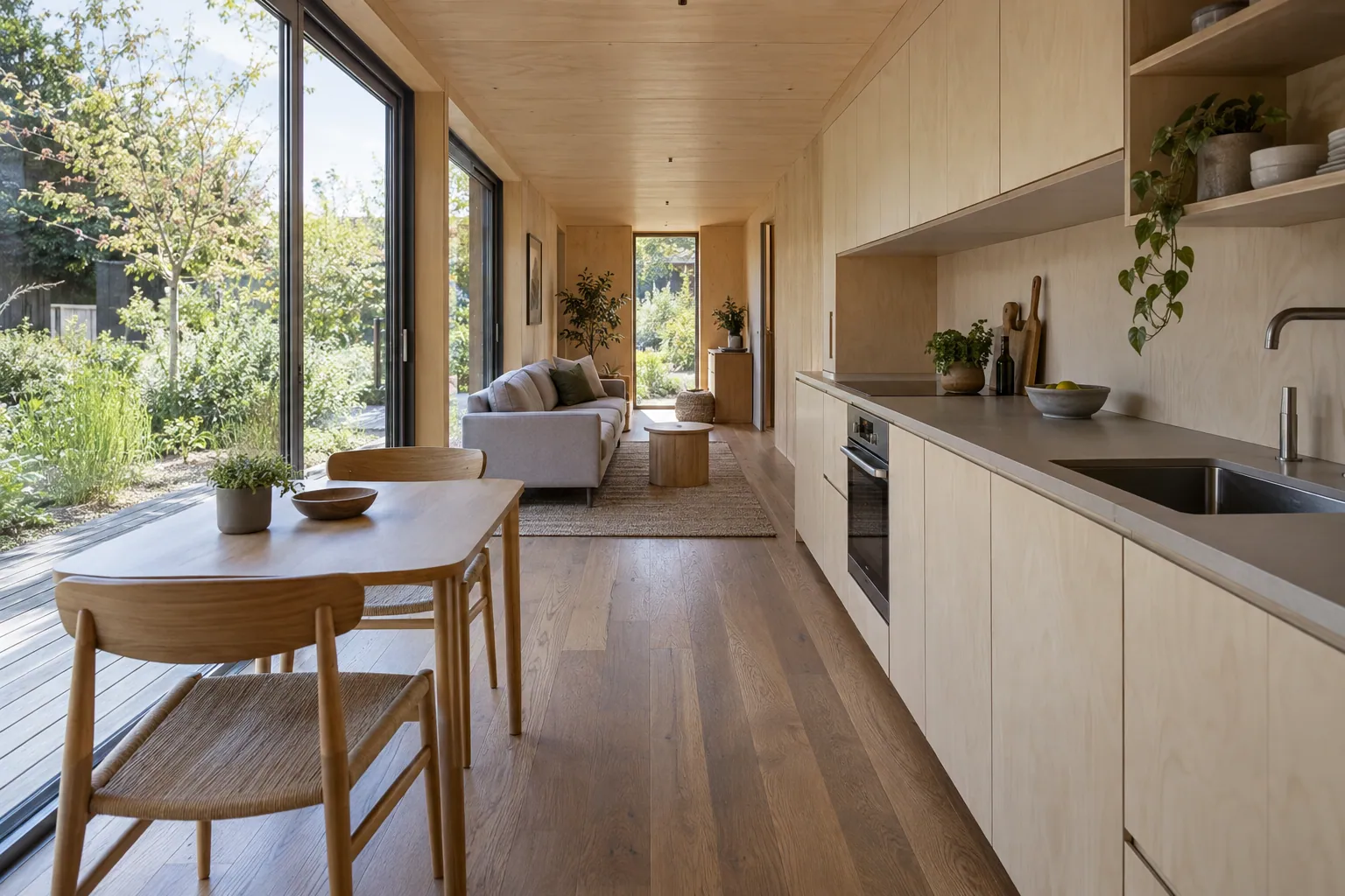Ilustração do interior de uma casa em container: sala e cozinha em comprimento, paredes em madeira clara, grande envidraçado aberto para o jardim.