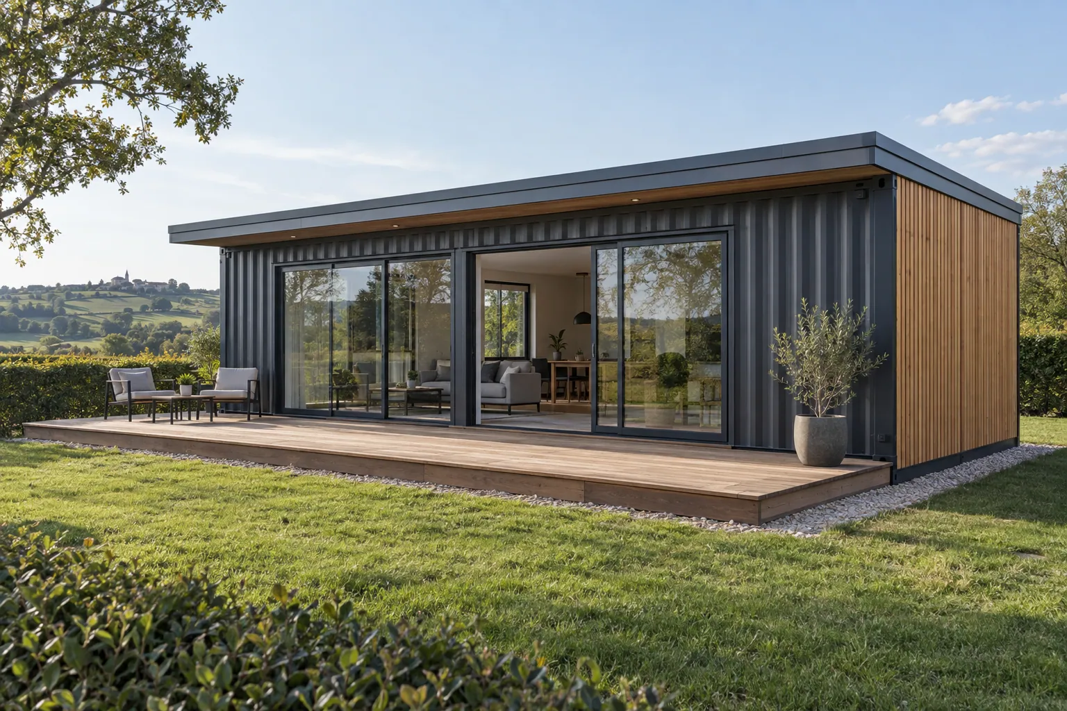 Ilustração de uma casa em container de um pavimento em containers cinza antracite, com grandes envidraçados, um revestimento de madeira e um terraço num terreno no campo.