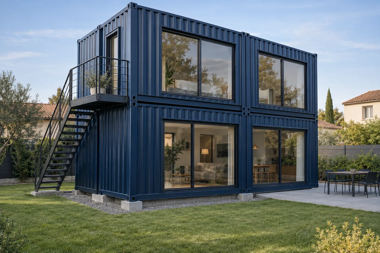 Ilustração de uma casa em container de dois pavimentos, containers azul-escuros empilhados, janelas grandes, escada externa metálica e varanda, num terreno de loteamento.
