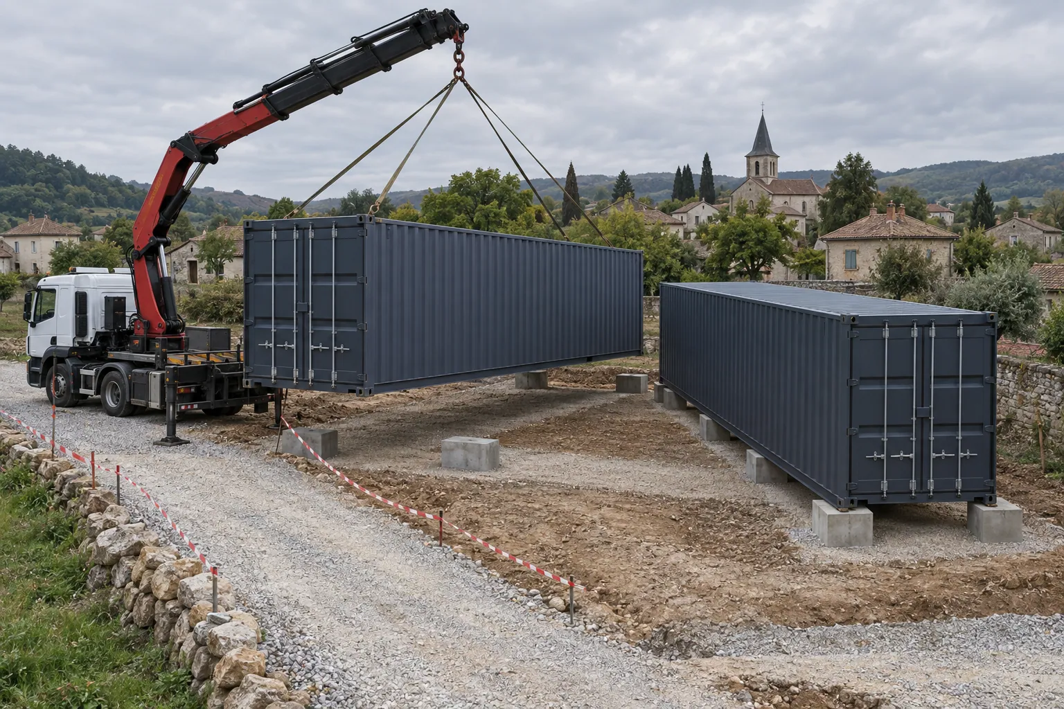 Ilustração da entrega de um container num terreno para construção: um caminhão com guindaste posiciona o módulo sobre blocos de fundação em concreto, um segundo container já está colocado.